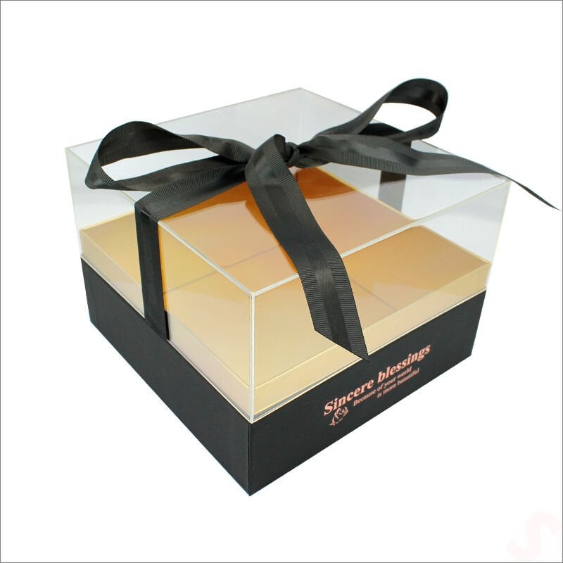 Pleksi Kapaklı Fiyonklu Karton Kutu, 23 x 23 x 17cm - Siyah