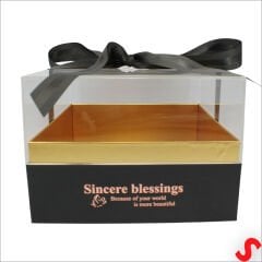 Pleksi Kapaklı Fiyonklu Karton Kutu, 23 x 23 x 17cm - Siyah