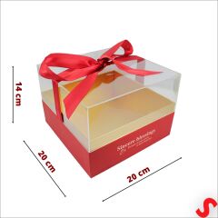 Pleksi Kapaklı Fiyonklu Karton Kutu, 20 x 20 x 14cm - Kırmızı