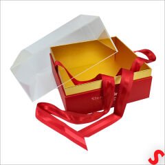 Pleksi Kapaklı Fiyonklu Karton Kutu, 20 x 20 x 14cm - Kırmızı
