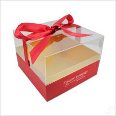 Pleksi Kapaklı Fiyonklu Karton Kutu, 20 x 20 x 14cm - Kırmızı