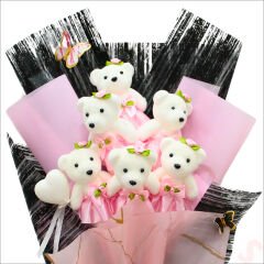 6 Ayıcıklı Buket, 55cm x 35cm - Pembe