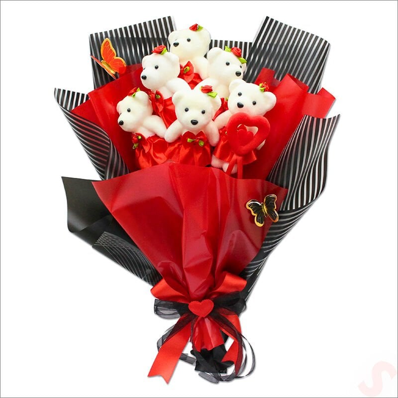 6 Ayıcıklı Buket, 55cm x 35cm - Kırmızı