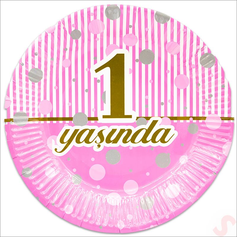 1 Yaşında Karton Tabak, 23cm x 8 Adet - Pembe