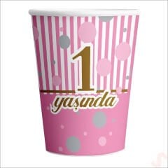 1 Yaşında Karton Bardak, 8 Adet - Pembe
