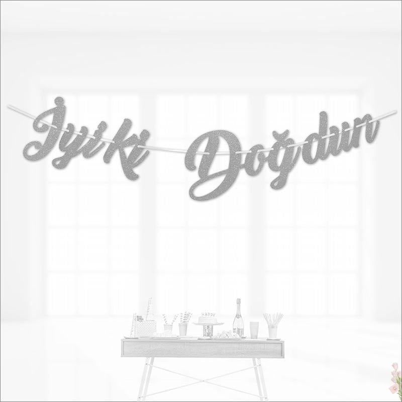 İyi Ki Doğdun Simli Yazı, 90 cm x 17 cm - Gümüş