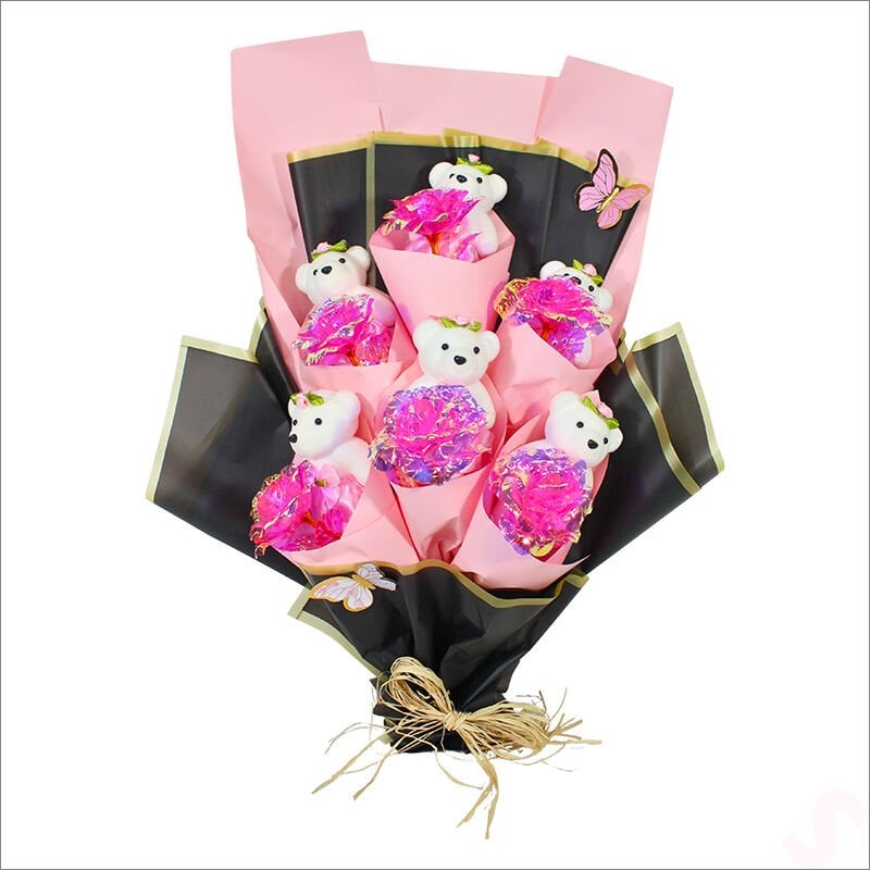 Sonsuzluk Güllü ve Strafor Ayıcıklı Buket, 60cm x 40cm - Pembe