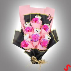 Sonsuzluk Güllü ve Strafor Ayıcıklı Buket, 60cm x 40cm - Pembe