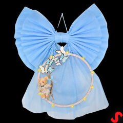 Kasnaklı Tül Fiyonk ve Ayıcıklı 70cm x 55cm Kapı Süsü - Mavi