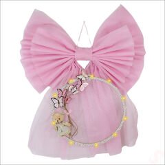 Kasnaklı Tül Fiyonk ve Ayıcıklı 70cm x 55cm Kapı Süsü - Pembe