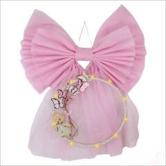 Kasnaklı Tül Fiyonk ve Ayıcıklı 70cm x 55cm Kapı Süsü - Pembe