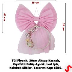 Kasnaklı Tül Fiyonk ve Ayıcıklı 70cm x 55cm Kapı Süsü - Pembe