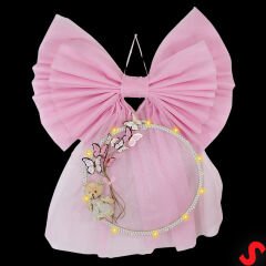 Kasnaklı Tül Fiyonk ve Ayıcıklı 70cm x 55cm Kapı Süsü - Pembe