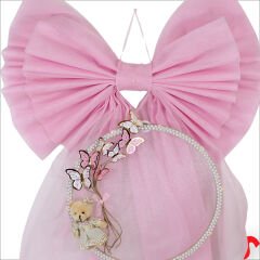 Kasnaklı Tül Fiyonk ve Ayıcıklı 70cm x 55cm Kapı Süsü - Pembe