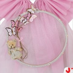 Kasnaklı Tül Fiyonk ve Ayıcıklı 70cm x 55cm Kapı Süsü - Pembe