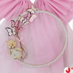 Kasnaklı Tül Fiyonk ve Ayıcıklı 70cm x 55cm Kapı Süsü - Pembe