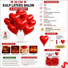 Kırmızı Kalp Lateks Balon, 30 cm x 8 Adet
