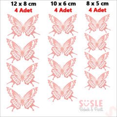 3 Boyutlu Kelebek, Karton Sticker 12 Adet - Pembe
