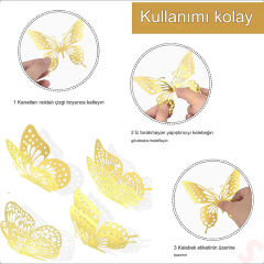 3 Boyutlu Kelebek, Karton Sticker 12 Adet - Metalik Lacivert