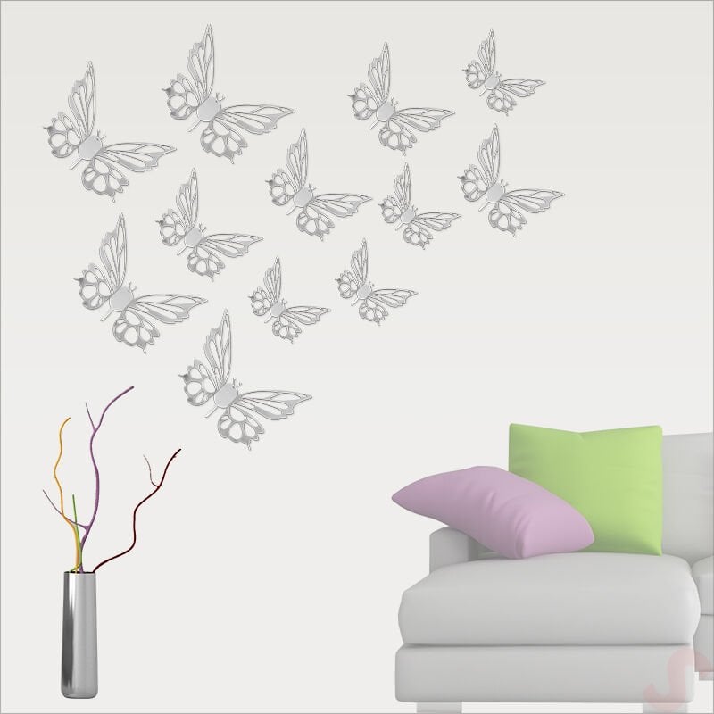 3 Boyutlu Kelebek, Karton Sticker 12 Adet - Metalik Gümüş