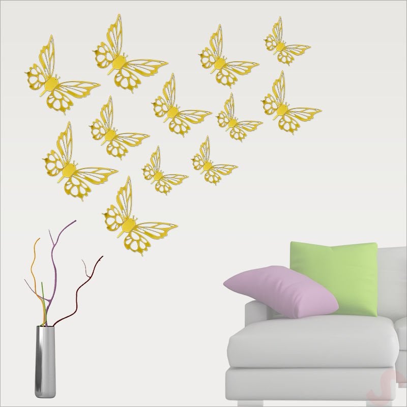 3 Boyutlu Kelebek, Karton Sticker 12 Adet - Metalik Altın