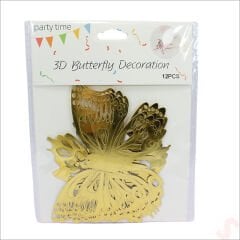 3 Boyutlu Kelebek, Karton Sticker 12 Adet - Metalik Altın