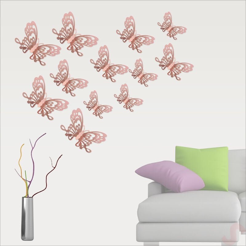 3 Boyutlu Kelebek, Karton Sticker 12 Adet - Metalik Rose Gold