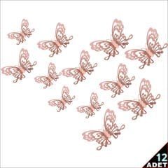 3 Boyutlu Kelebek, Karton Sticker 12 Adet - Metalik Rose Gold