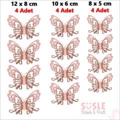 3 Boyutlu Kelebek, Karton Sticker 12 Adet - Metalik Rose Gold