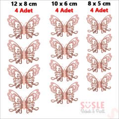 3 Boyutlu Kelebek, Karton Sticker 12 Adet - Metalik Rose Gold