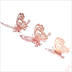 3 Boyutlu Kelebek, Karton Sticker 12 Adet - Metalik Rose Gold
